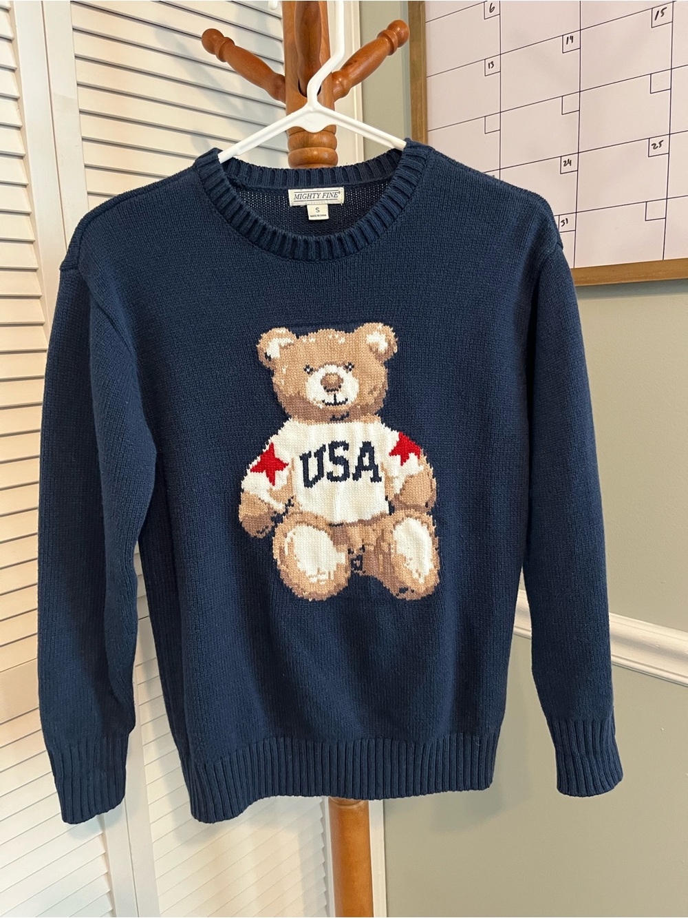 Mighty Fine Navy Crewneck Sweater with Teddy Bear USA Motif